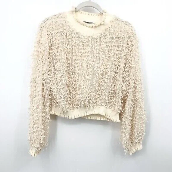ZARA Crop Top Cream White Long Sleeve Textured Knit - Picture 1 of 6